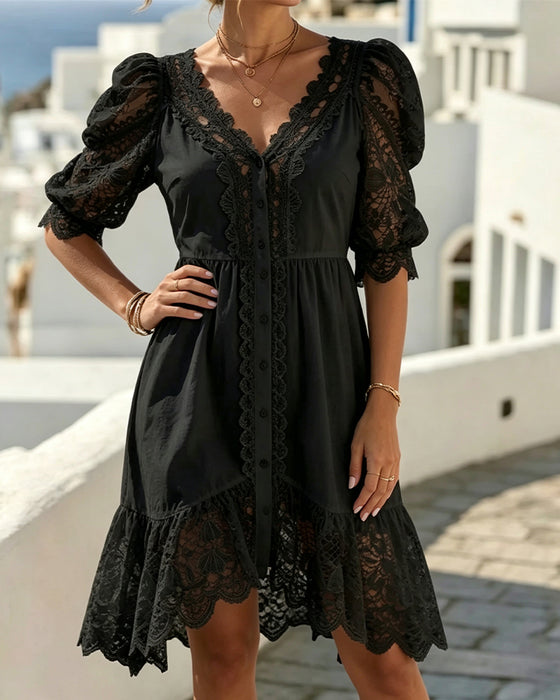 Puff Sleeve Lace Short White Dress