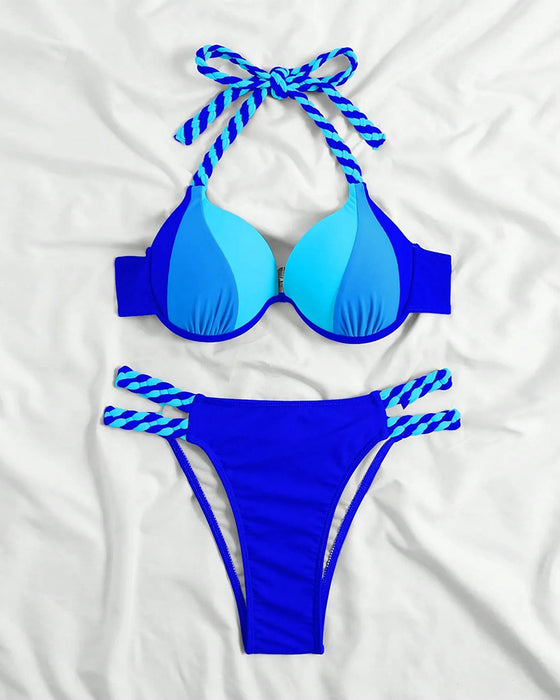 Colorblock halterneck bikini set