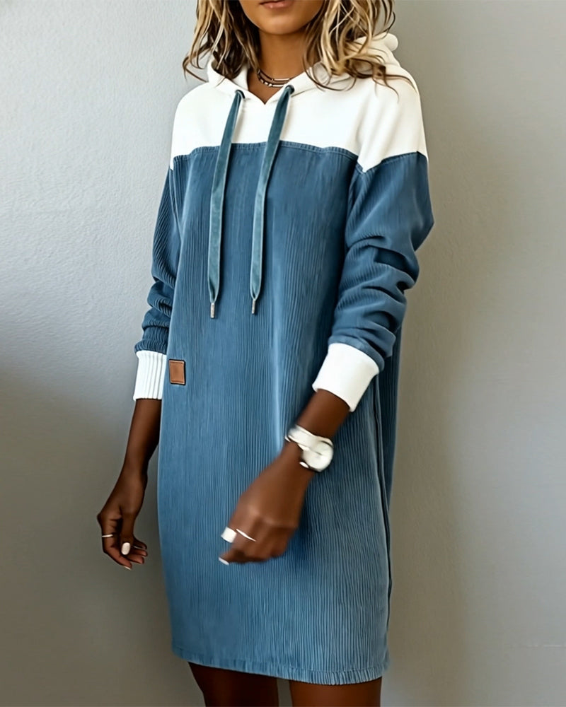 Hooded Color-Blocked Corduroy Dress