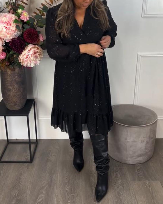 V-Neck Tie-Waist Shimmer Dress