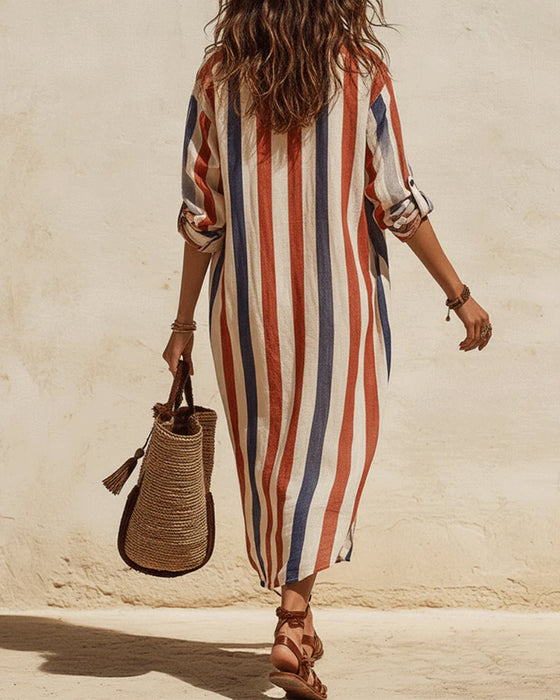 Casual Striped Shirt Collar Dress