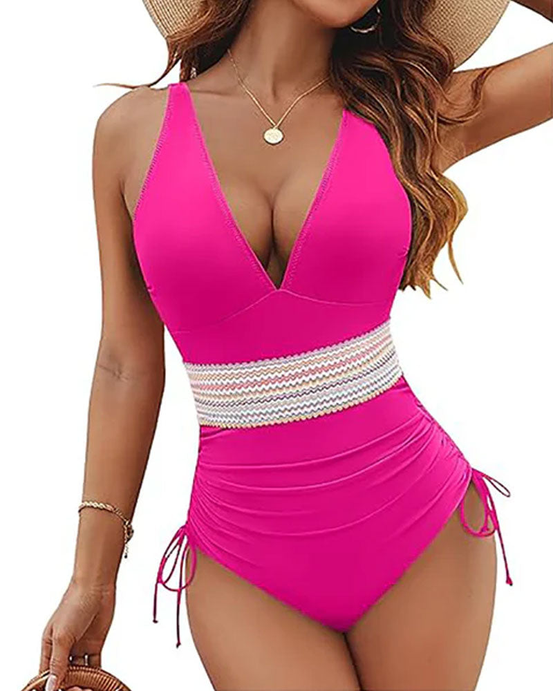 Women Tummy Control Drawstring One Piece Slimming Modest Swimsuit