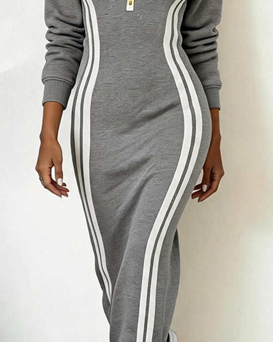 Lapel Zipper Striped Fitted Dress