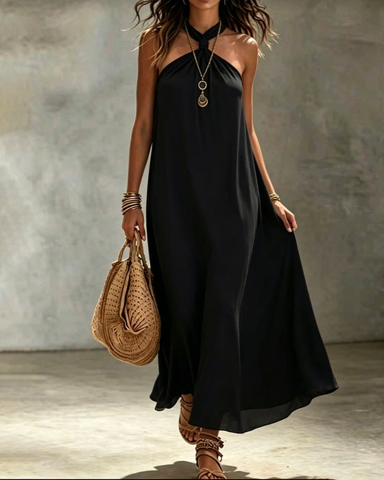 Solid Color Halterneck Sleeveless Dress