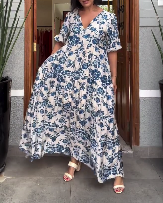 Short-Sleeved Floral Print Dress