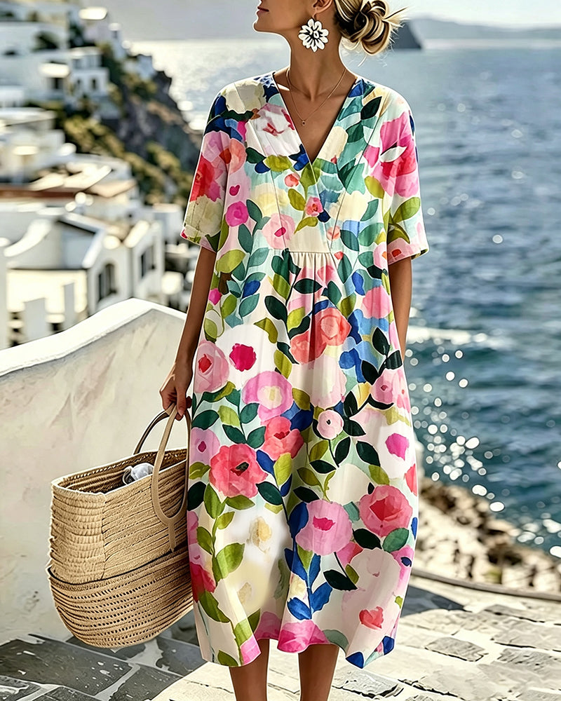 Watercolor Floral V-Neck Dress