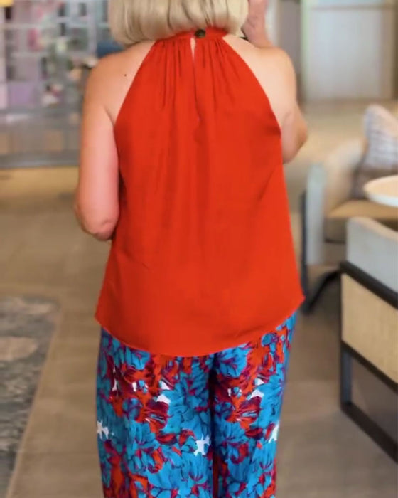 Ribbon Sleeveless Halterneck Tank Top