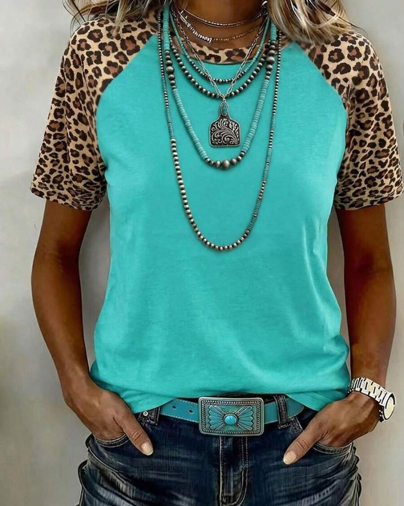 Leopard Print Patchwork Raglan Sleeve T-Shirt