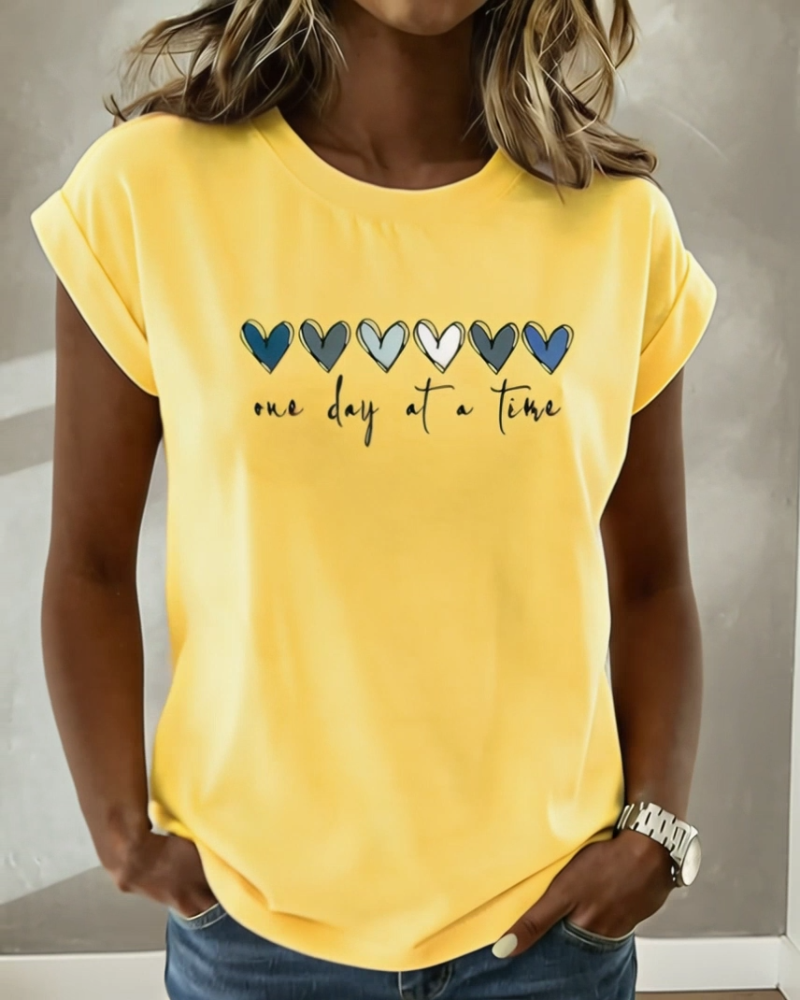 Heart-Print Crew Neck Short-Sleeve Top