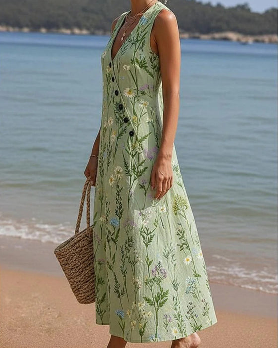 Diagonal Button Sleeveless V-Neck Floral Dress