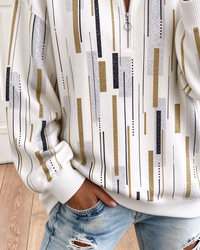 Half Zip Striped Loose Sweatshirt