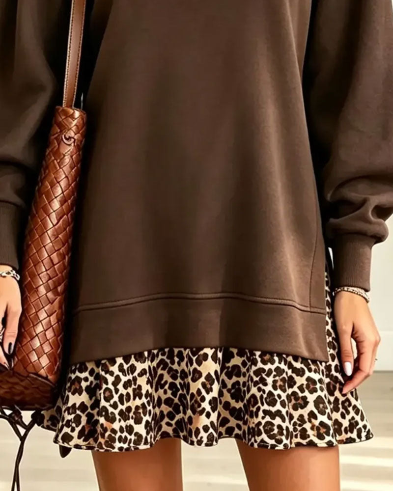 Lapel Collar Leopard Print Faux Two-Piece Dress