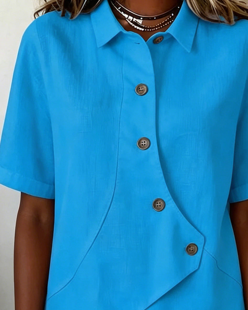 Asymmetrical Cotton Linen Placket Button-Down Shirt