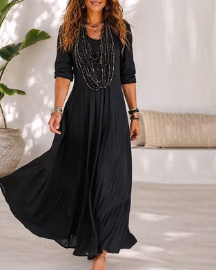 Solid Color V-Neck Waist A-Line Dress