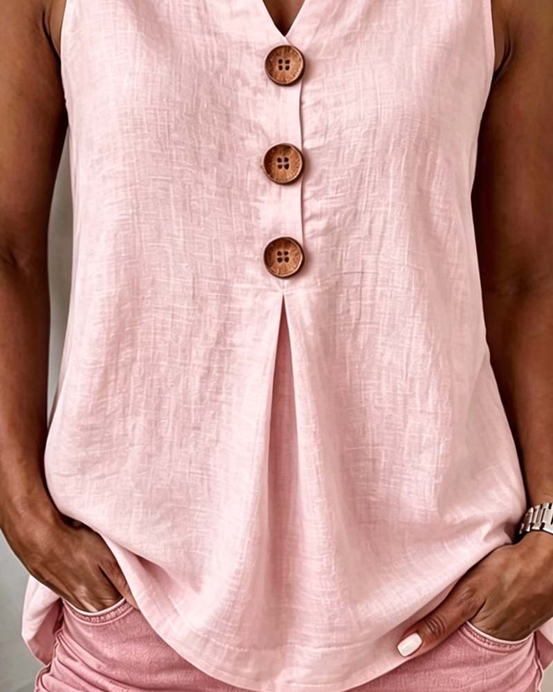 Three-Button Sleeveless Solid Color Tank Top