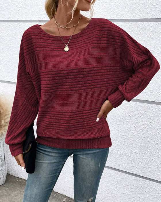 Solid Color Round Neck Long Sleeve Striped Top
