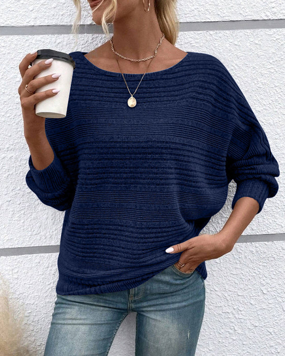 Solid Color Round Neck Long Sleeve Striped Top