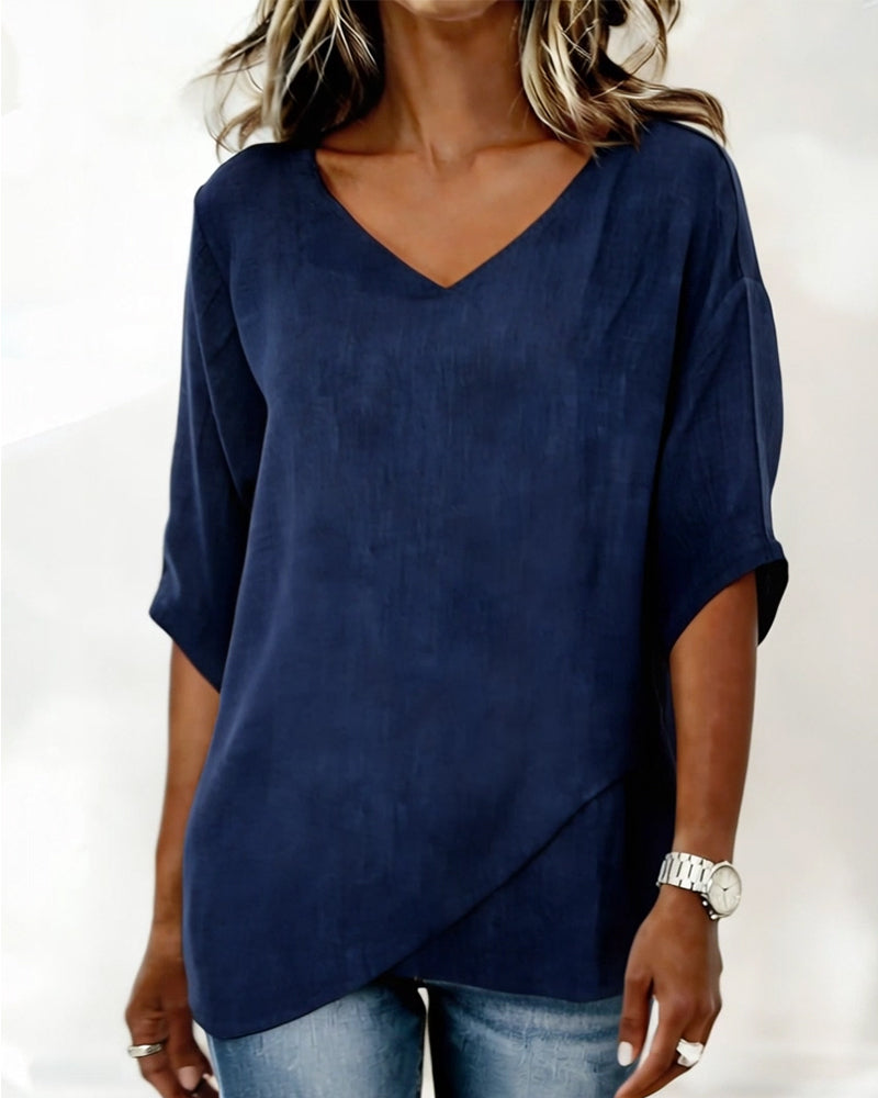 Irregular Hem Solid Color V-Neck Top