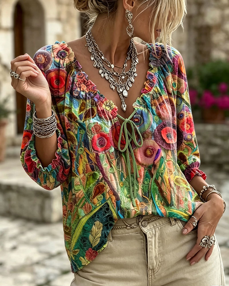 V-Neck Ruffle Puff Sleeve Tie Blouse