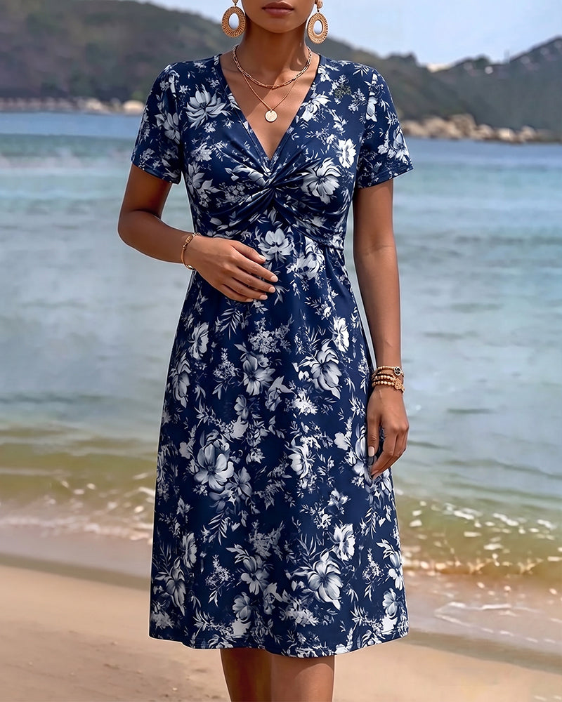 Floral V-Neck Twist Knot Dress