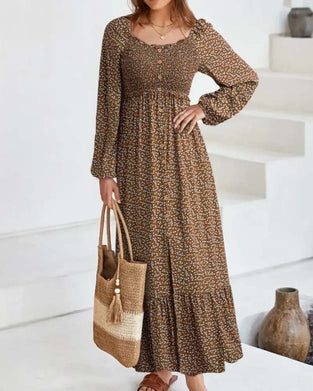 Floral Square Neck Long-Sleeve Maxi Dress