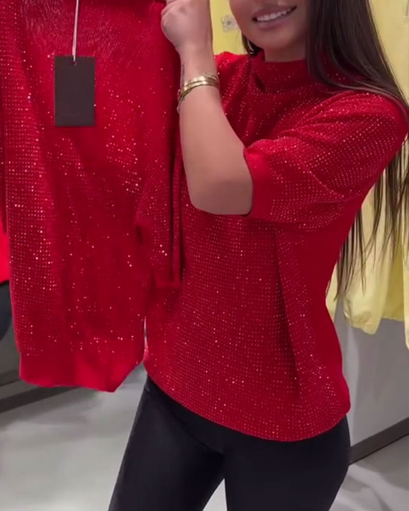 Turtleneck Short Sleeve Solid Color Pullover
