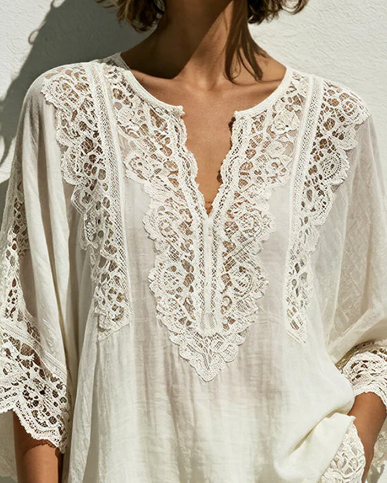 Solid-Color Lace V-Neck Blouse