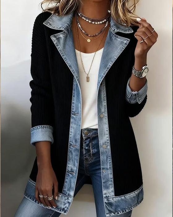 Lapel Button Patchwork Coat