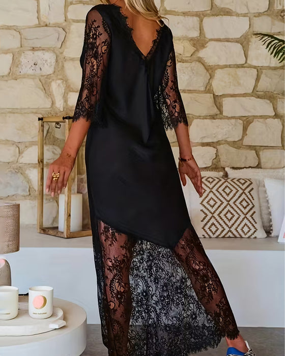 V-Neck Lace Paneled Elegant Dress