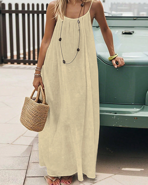 Solid Color Shirred Backless Spaghetti Strap Maxi Dress