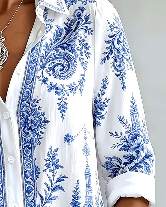 Blue Porcelain Print Lapel Shirt