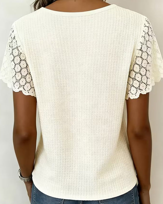 V-Neck Waffle Lace Patchwork Solid T-Shirt