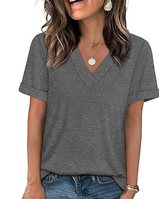 Solid V-Neck Casual Short Sleeve T-Shirt