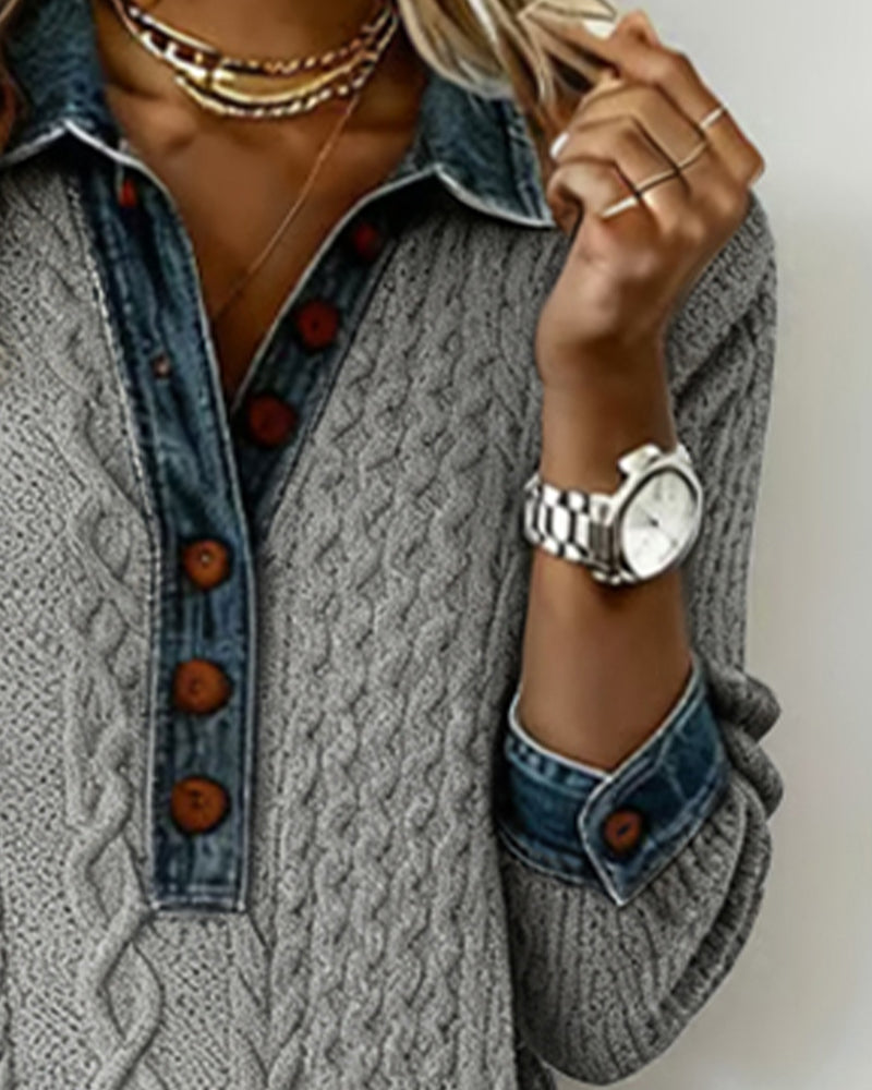 Denim cable knit patchwork collared dress