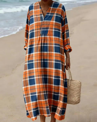 V-Neck Plaid Loose Dress