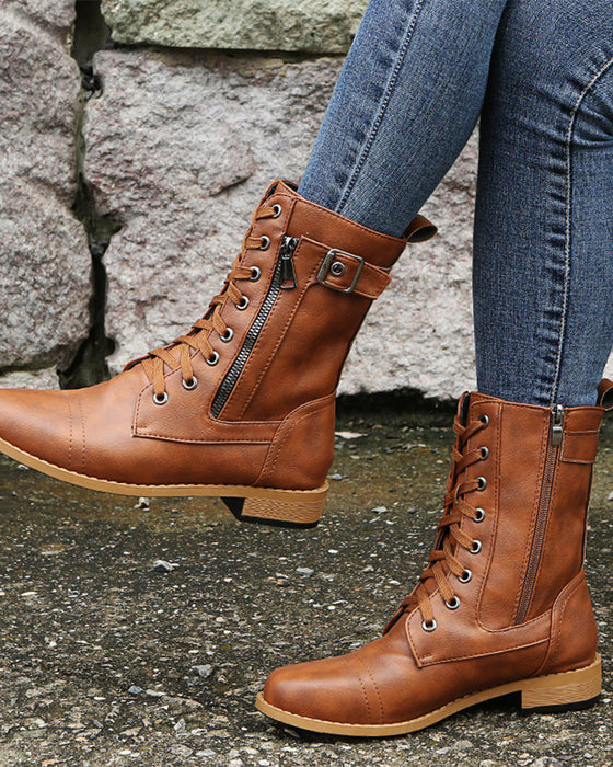 Women's Round Toe Side Zipper Leather Orthopedic Boots