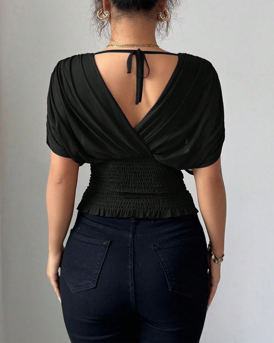 Solid Color Deep V-Nee Waist Short Sleeve Blouse