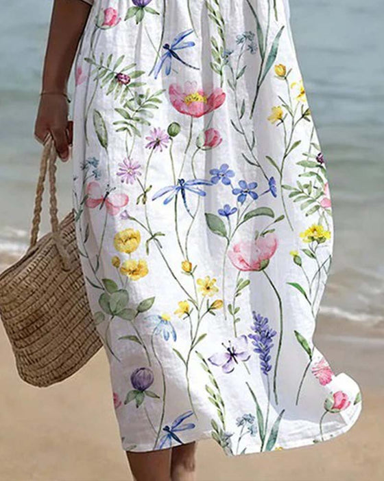 Short Sleeve Floral Crew Neck A-Line Dress