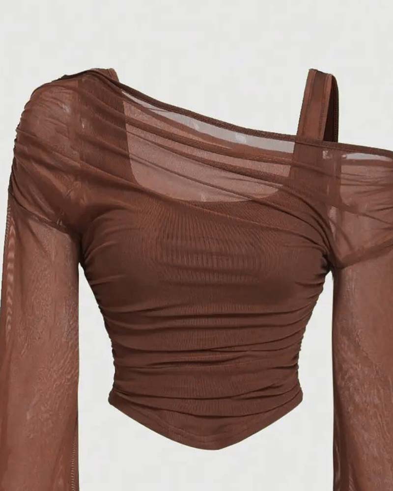 Mesh Ruffled Long Sleeve Cami Blouse