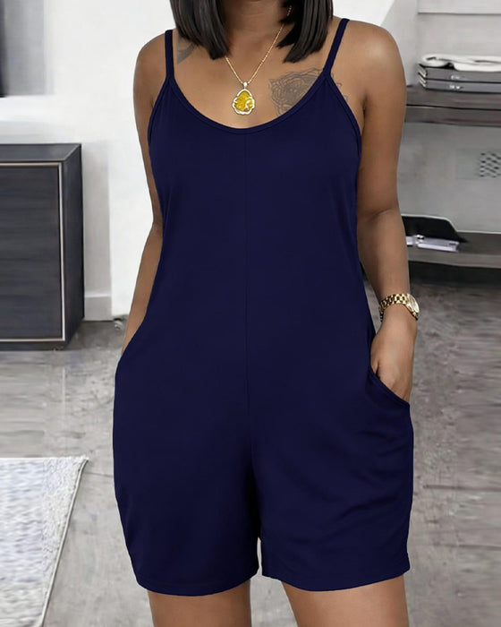Sleeveless U-Neck Solid Color Pocket Jumpsuit