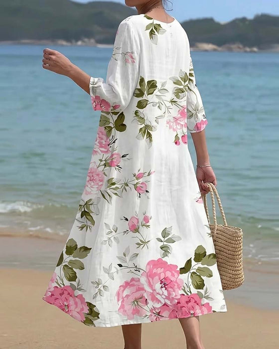 Crewneck Print Three-Quarter Sleeve Loose Dresses