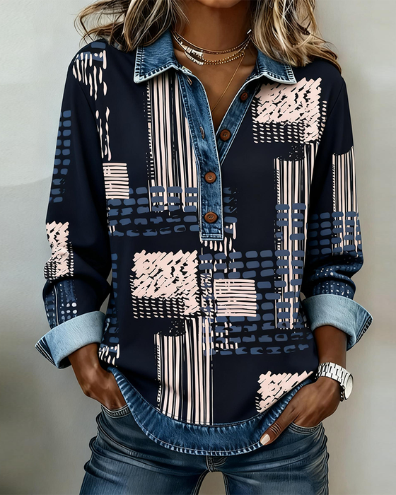 Button-Down Collar Printed Patchwork Sweatshirt