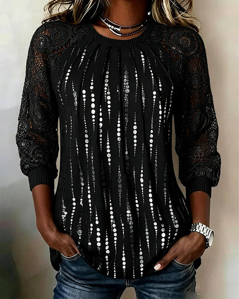 Round Neck Shirred Lace Polka Dot Top