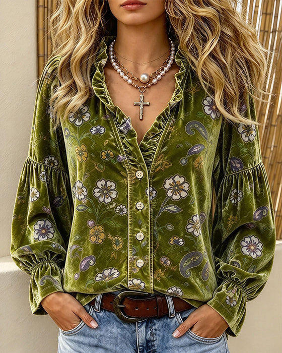 V-Neck Button Ruffle Floral Blouse