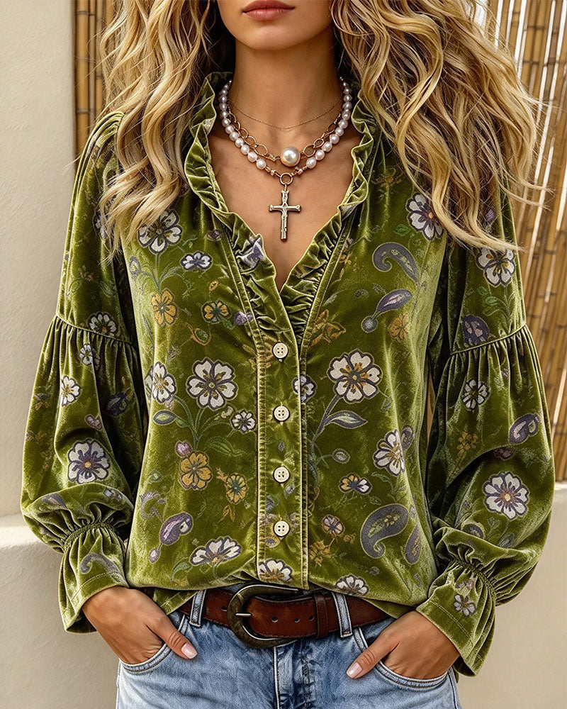 V-Neck Button Ruffle Floral Blouse