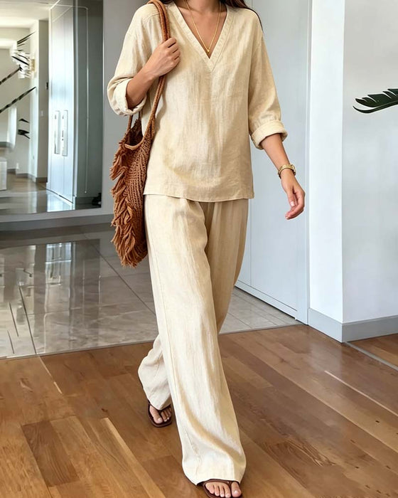 V‑Neck Solid Long‑Sleeve Wide‑Leg Set