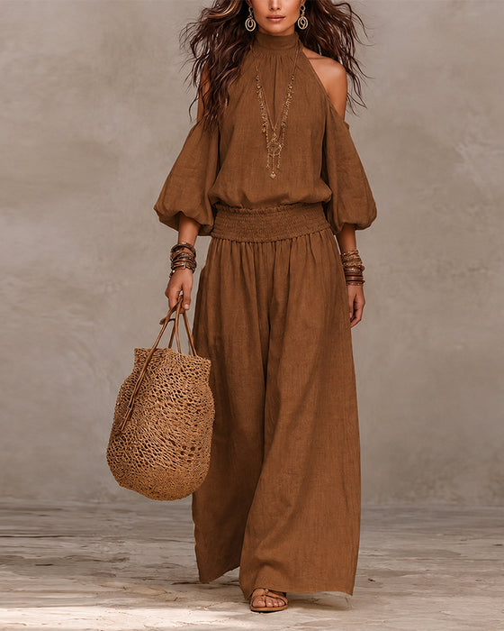 Off-Shoulder Long Sleeve Shirred Pants Set