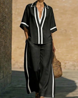 Shirt Lapel Contrast Wide Leg Pant Two-Piece Set