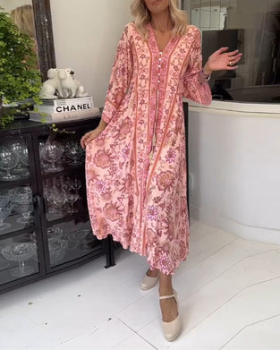 Elegant printed V-neck button drawstring dress