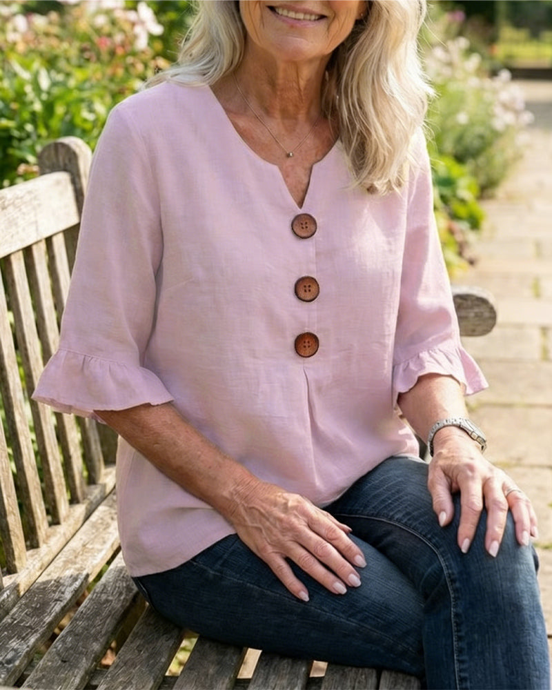 Solid-Color Cotton-Linen Wooden Buttons Ruffles Blouses